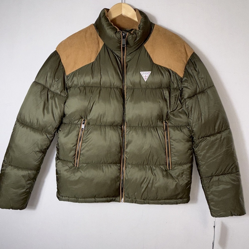 Guess Mens Larry Fabric Block Puffer Jacket Olive Green Size Small NWT